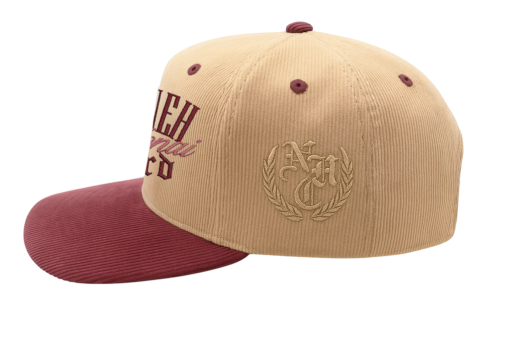 "YAHWEH" FIVE PANEL TWO-TONE CORDUROY HIGH FRAME [D. BEIGE/BURGUNDY]